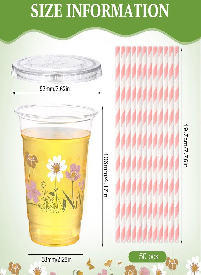Funnymoom 50 Pcs Boho Flower Disposable Cups with Lids and Straw 12 oz Spring Summer Floral Clear Plastic Drinking Cups Wildflowers Drinking Cups for Summer Spring Birthday Baby Shower Party Supplies - Image 2